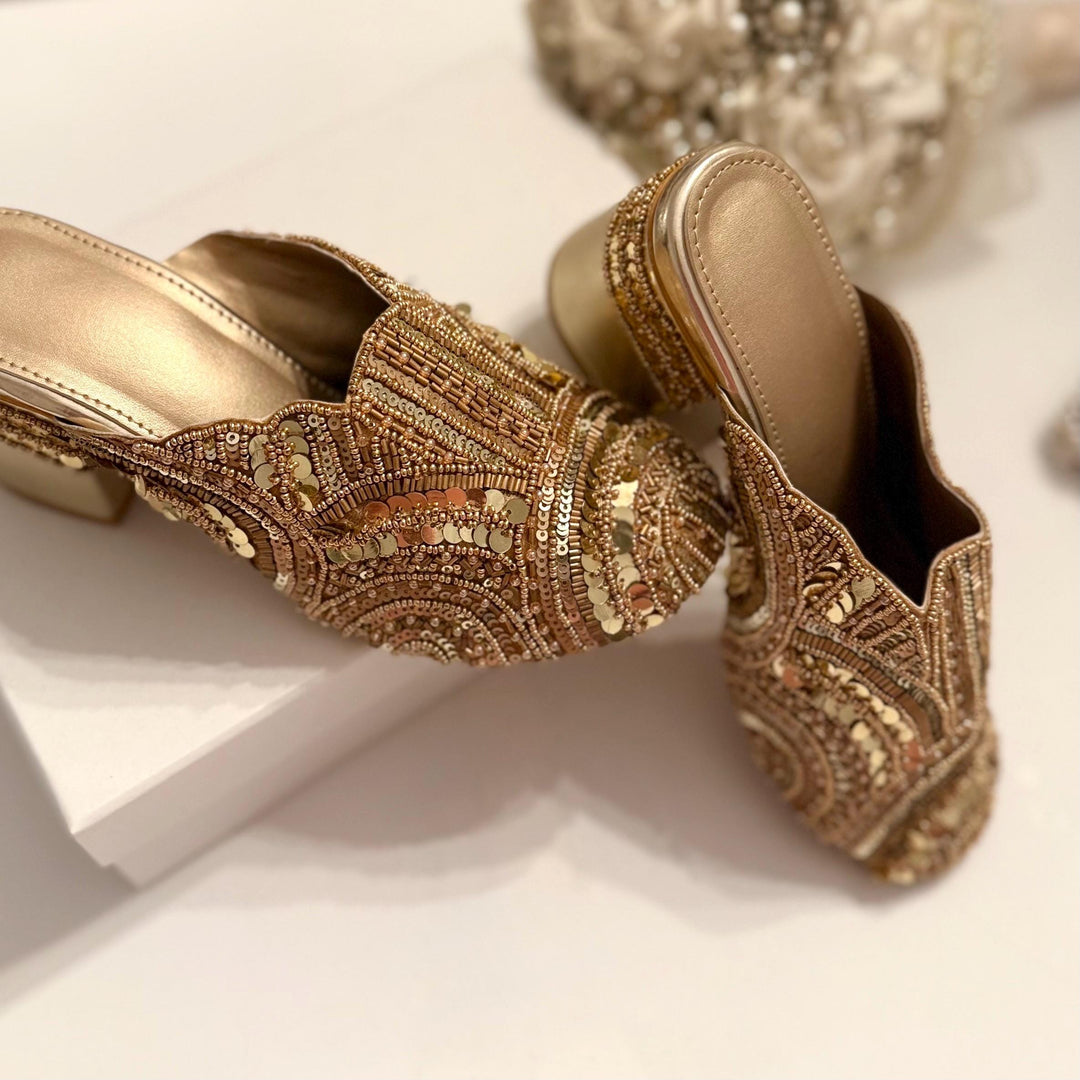 Handmade Gold Bridal Mules: Beaded Raw Silk Block Heels