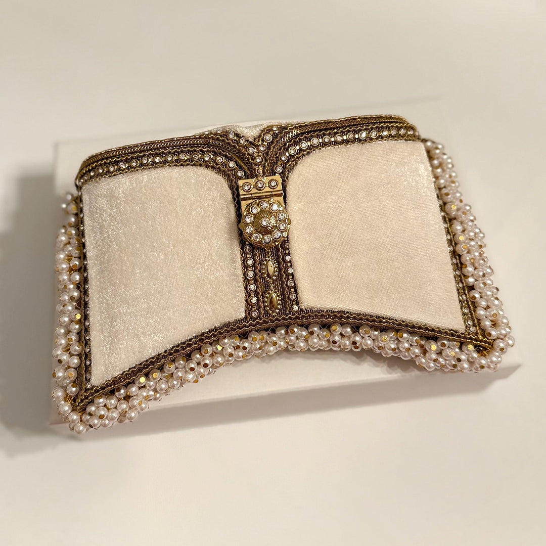 Handmade Ivory Velvet Bridal Clutch: Pearl & Crystal Evening Bag