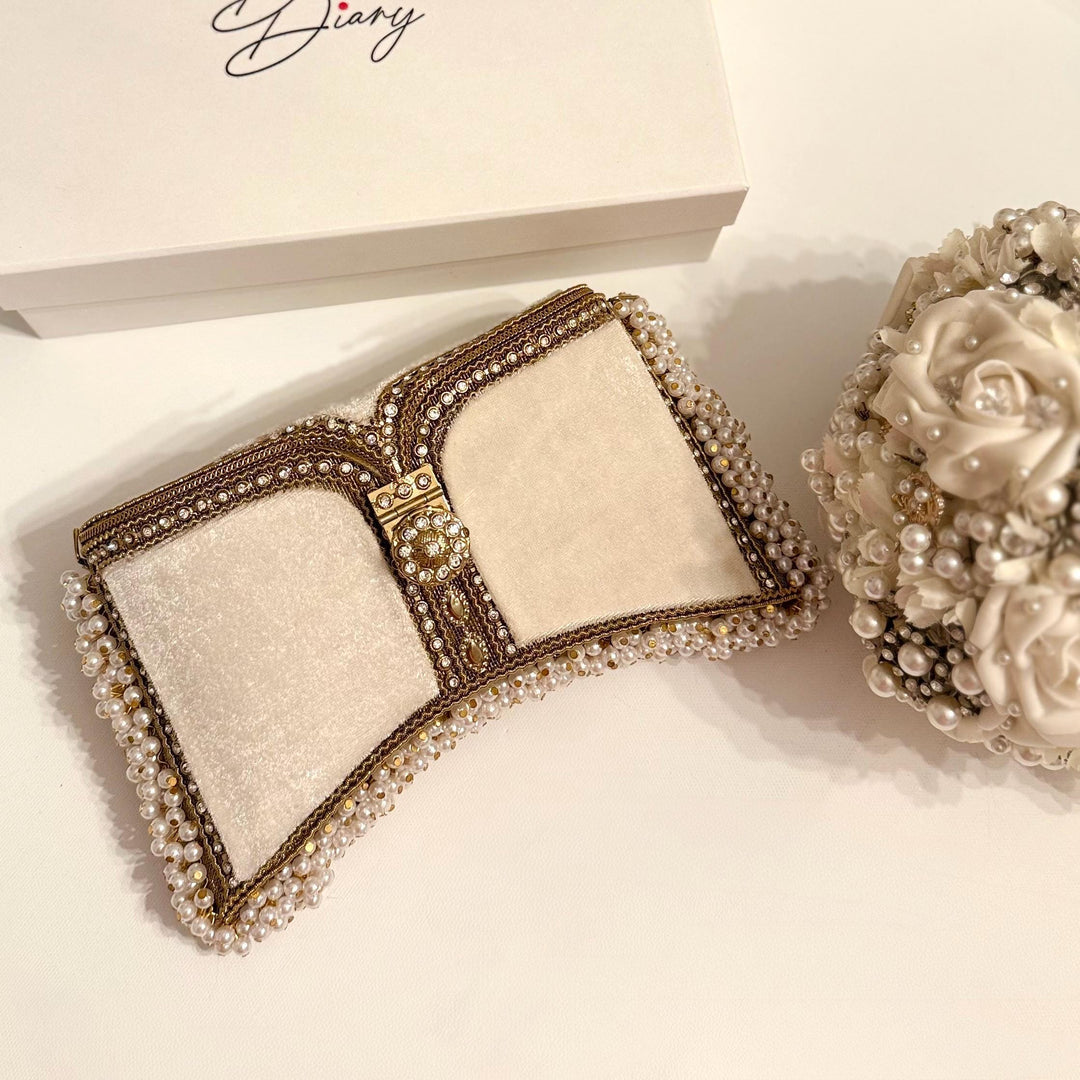 Handmade Ivory Velvet Bridal Clutch: Pearl & Crystal Evening Bag