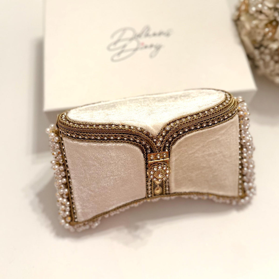 Handmade Ivory Velvet Bridal Clutch: Pearl & Crystal Evening Bag