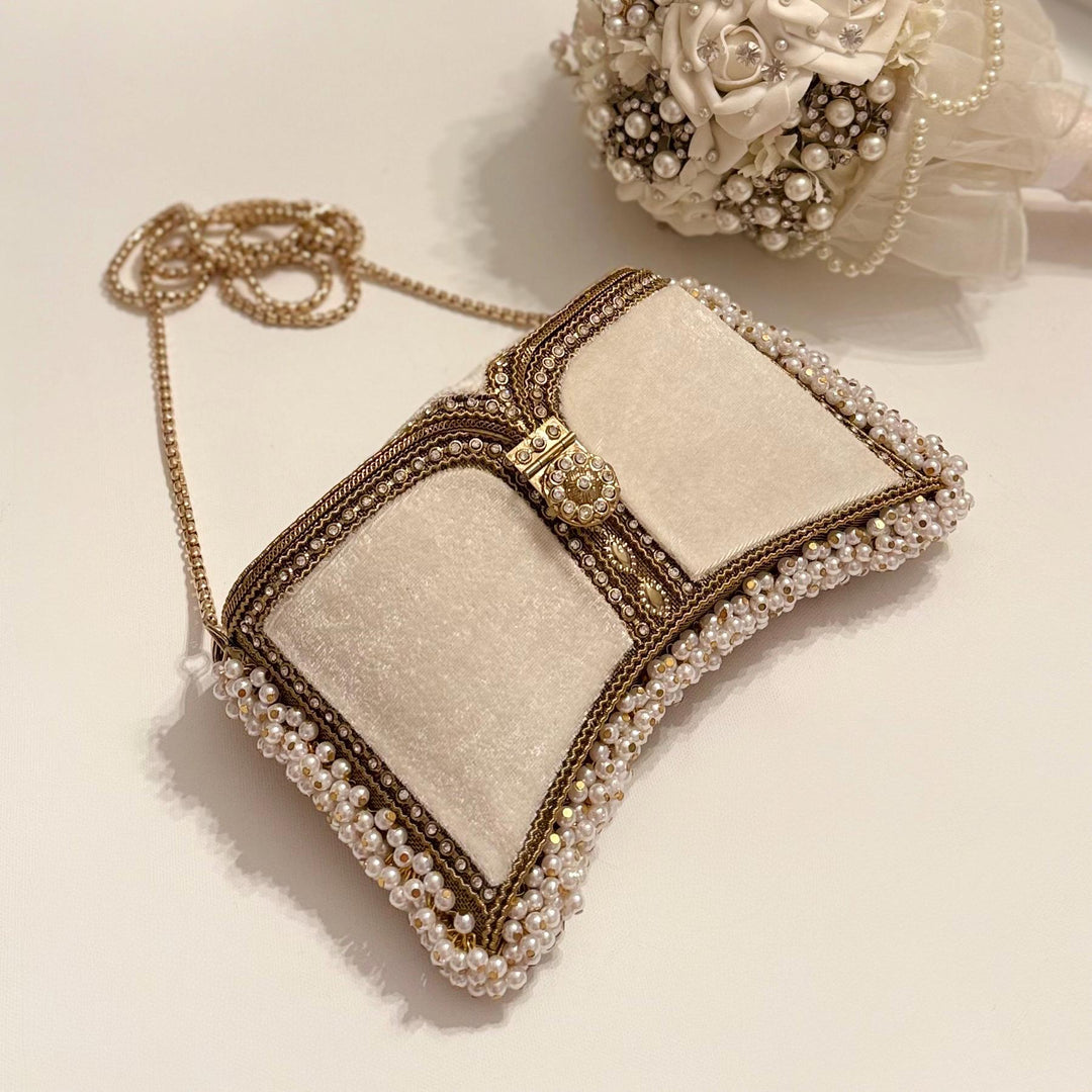 Handmade Ivory Velvet Bridal Clutch: Pearl & Crystal Evening Bag