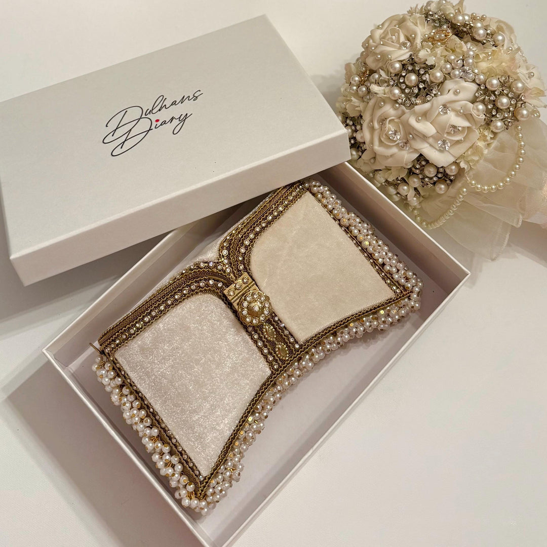 Handmade Ivory Velvet Bridal Clutch: Pearl & Crystal Evening Bag