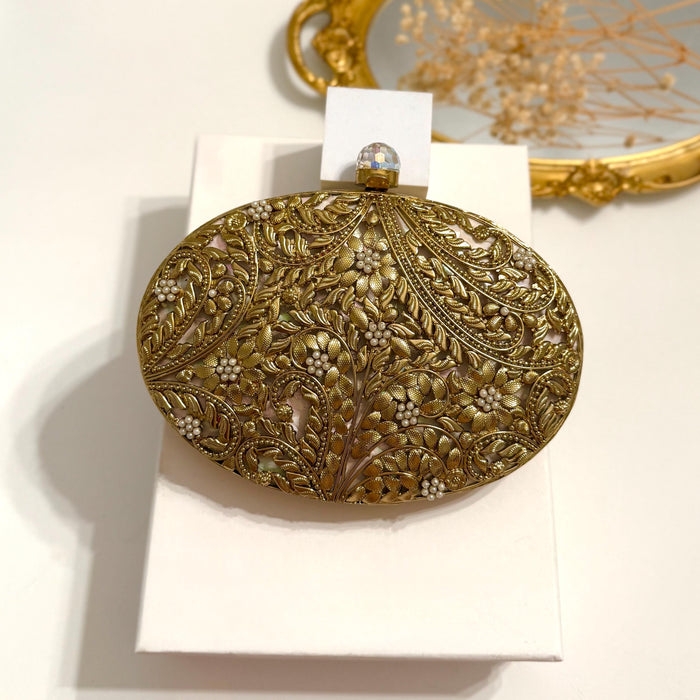 Gold Mother of Pearl Bridal Clutch | Brass Floral Evening Bag