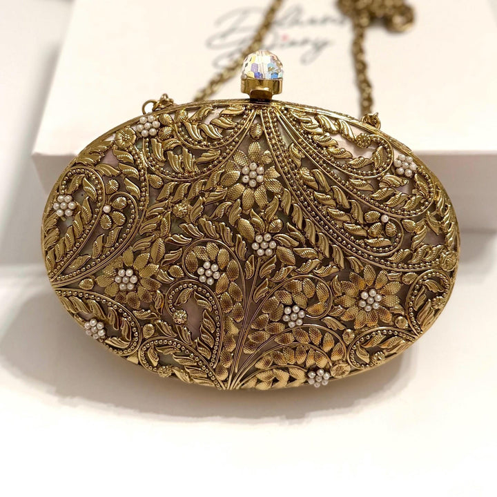 Gold Mother of Pearl Bridal Clutch | Brass Floral Evening Bag