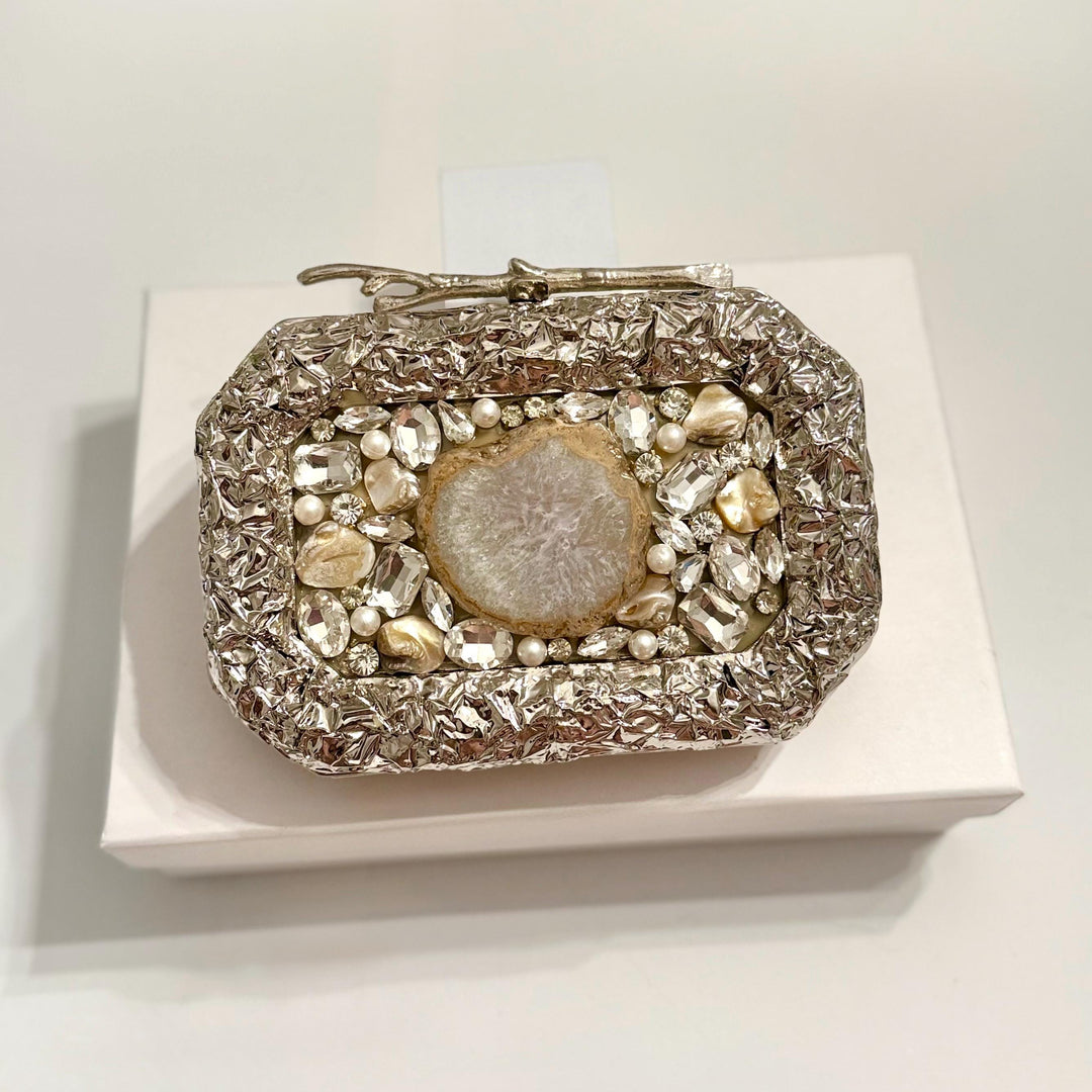 Handmade Silver Bridal Clutch: Mother of Pearl & Crystal Evening Bag