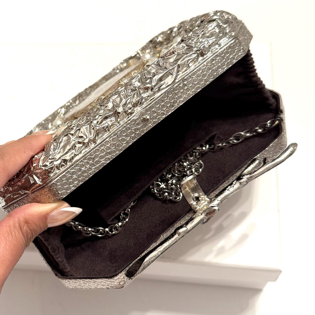 Handmade Silver Bridal Clutch: Mother of Pearl & Crystal Evening Bag