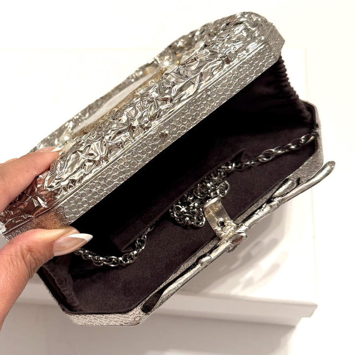 Handmade Silver Bridal Clutch: Mother of Pearl & Crystal Evening Bag