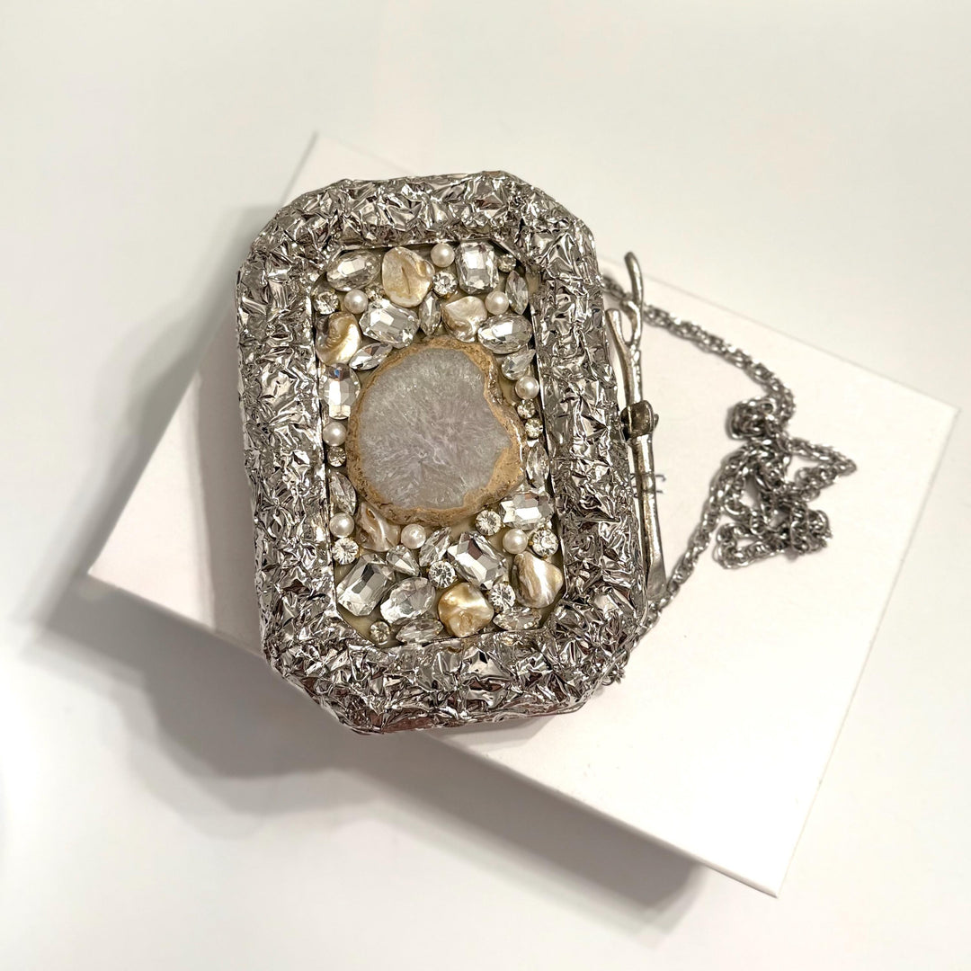Handmade Silver Bridal Clutch: Mother of Pearl & Crystal Evening Bag