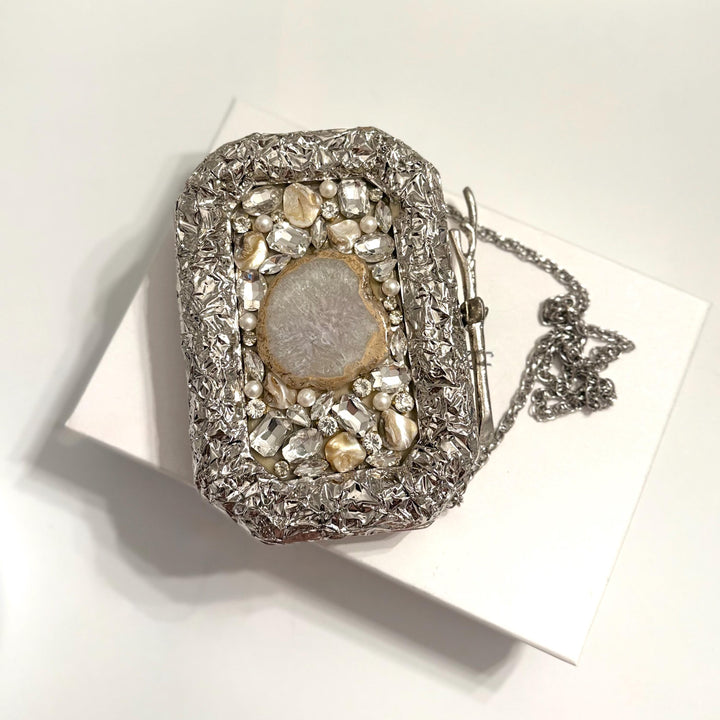 Handmade Silver Bridal Clutch: Mother of Pearl & Crystal Evening Bag