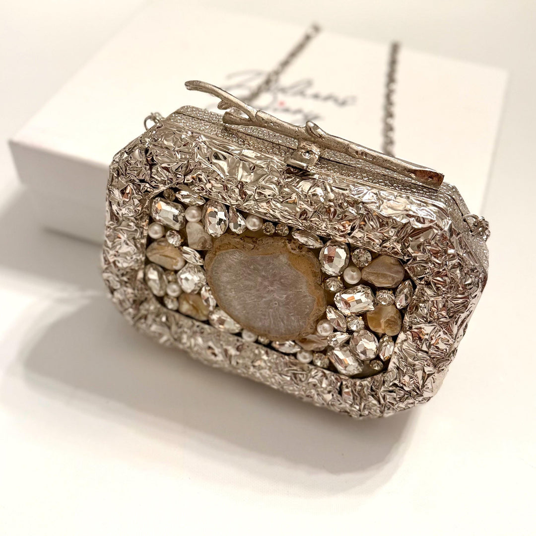 Handmade Silver Bridal Clutch: Mother of Pearl & Crystal Evening Bag