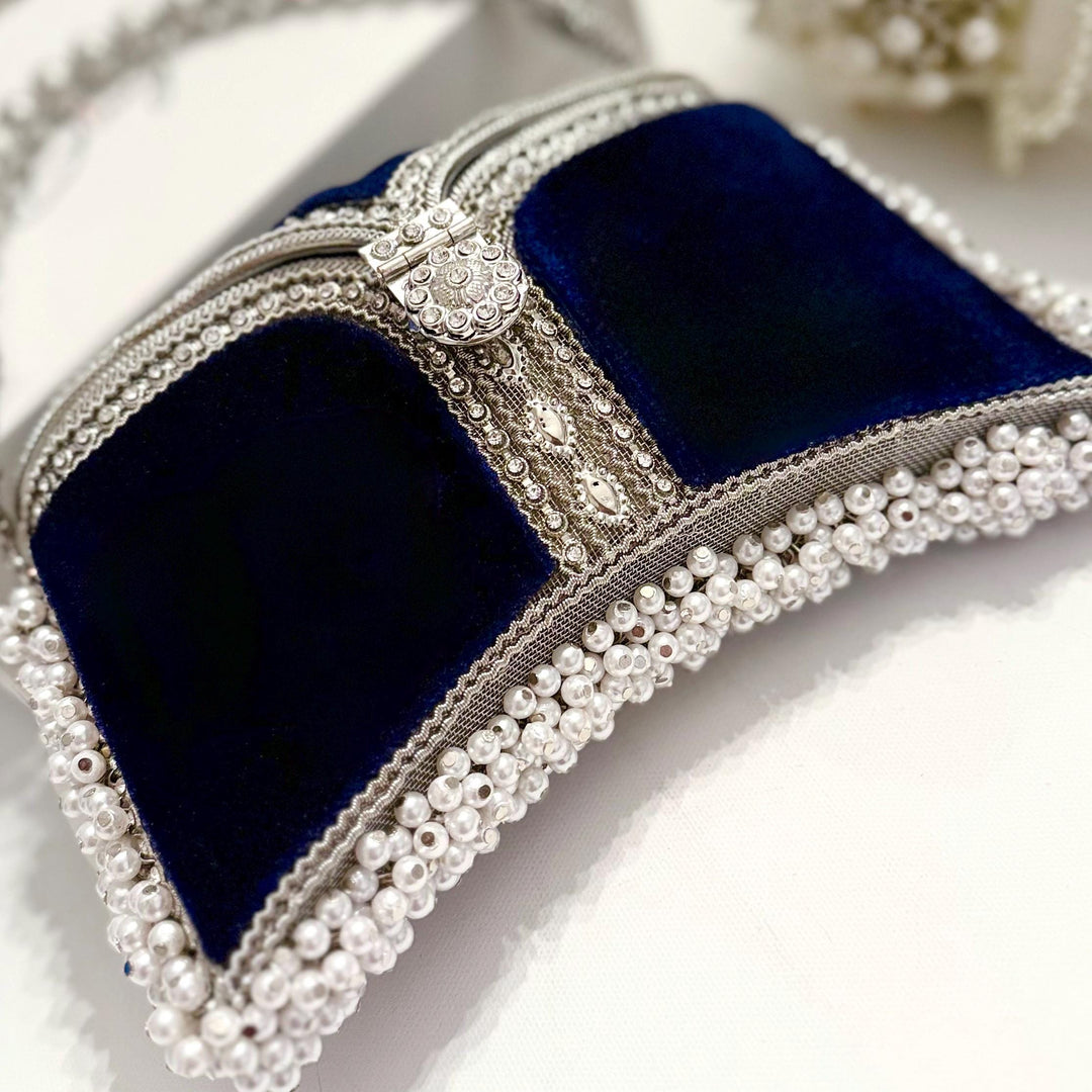 Navy Velvet Bridal Clutch: Handmade Pearl & Crystal Evening Bag
