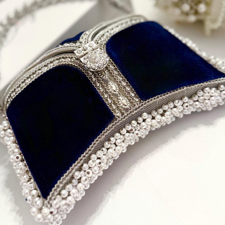 Navy Velvet Bridal Clutch: Handmade Pearl & Crystal Evening Bag