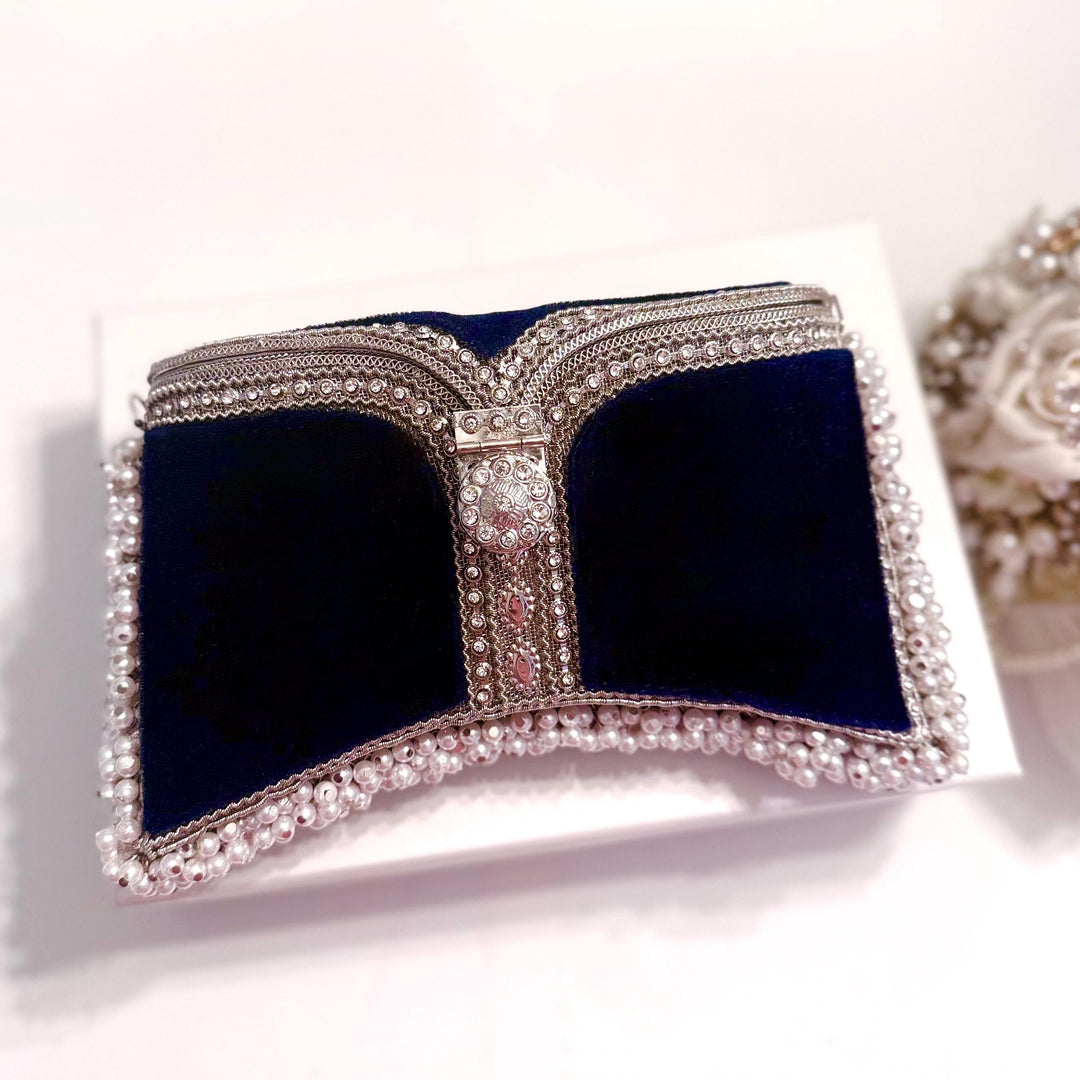 Navy Velvet Bridal Clutch: Handmade Pearl & Crystal Evening Bag