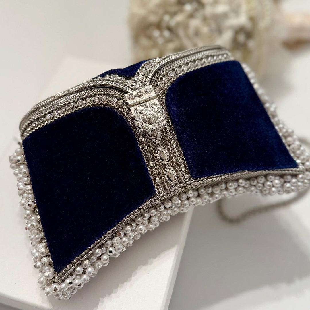 Navy Velvet Bridal Clutch: Handmade Pearl & Crystal Evening Bag