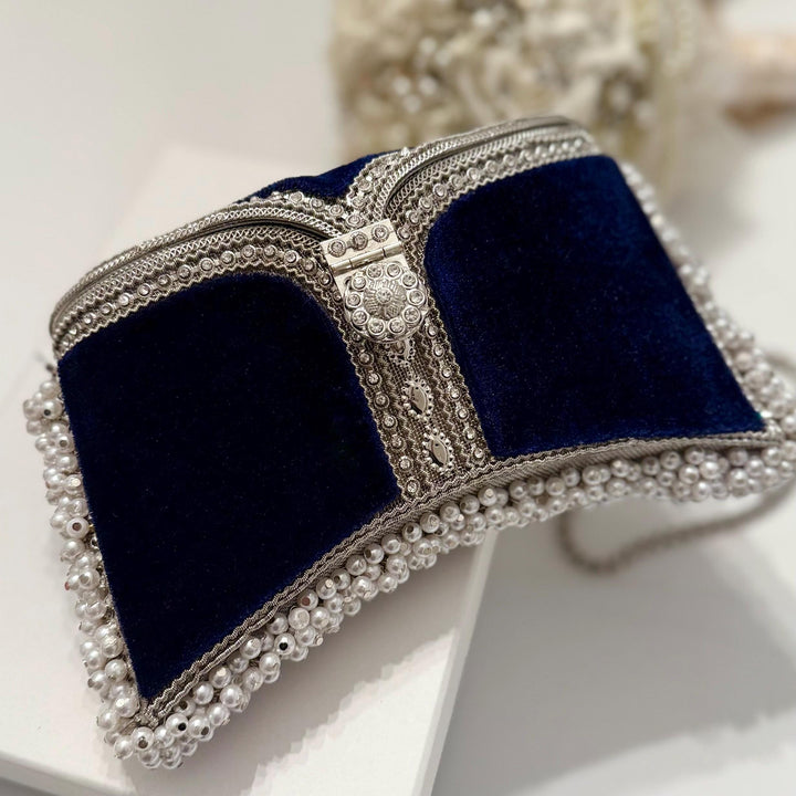Navy Velvet Bridal Clutch: Handmade Pearl & Crystal Evening Bag