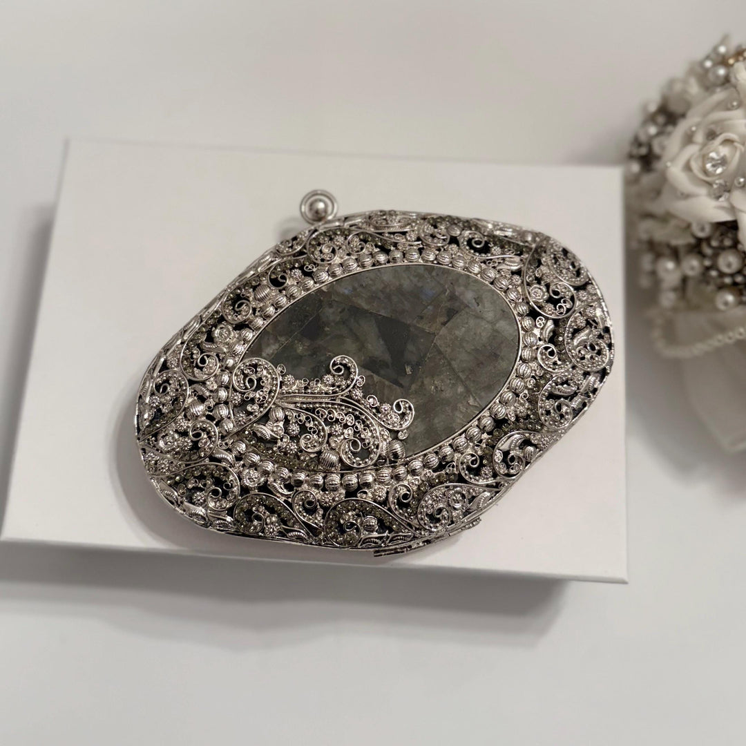 Natural Labradorite Stone Clutch: Silver Brass Framed Evening Bag