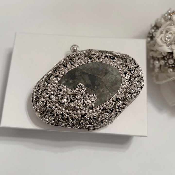 Natural Labradorite Stone Clutch: Silver Brass Framed Evening Bag