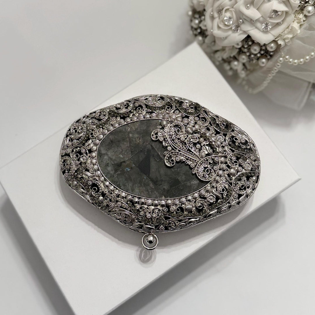 Natural Labradorite Stone Clutch: Silver Brass Framed Evening Bag