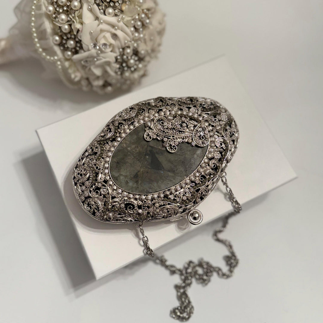 Natural Labradorite Stone Clutch: Silver Brass Framed Evening Bag