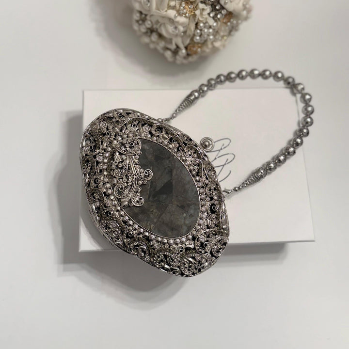 Natural Labradorite Stone Clutch: Silver Brass Framed Evening Bag