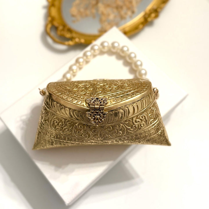 14k Gold Plated Brass Clutch: Vintage Style Top Handle Shoulder Bag