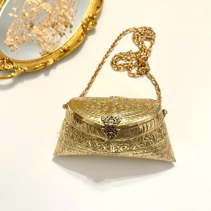 14k Gold Plated Brass Clutch: Vintage Style Top Handle Shoulder Bag