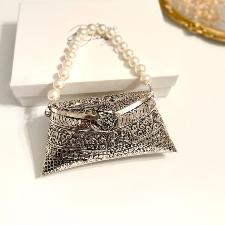 Silver Plated Brass Clutch: Vintage Style Pearl Handle Shoulder Bag