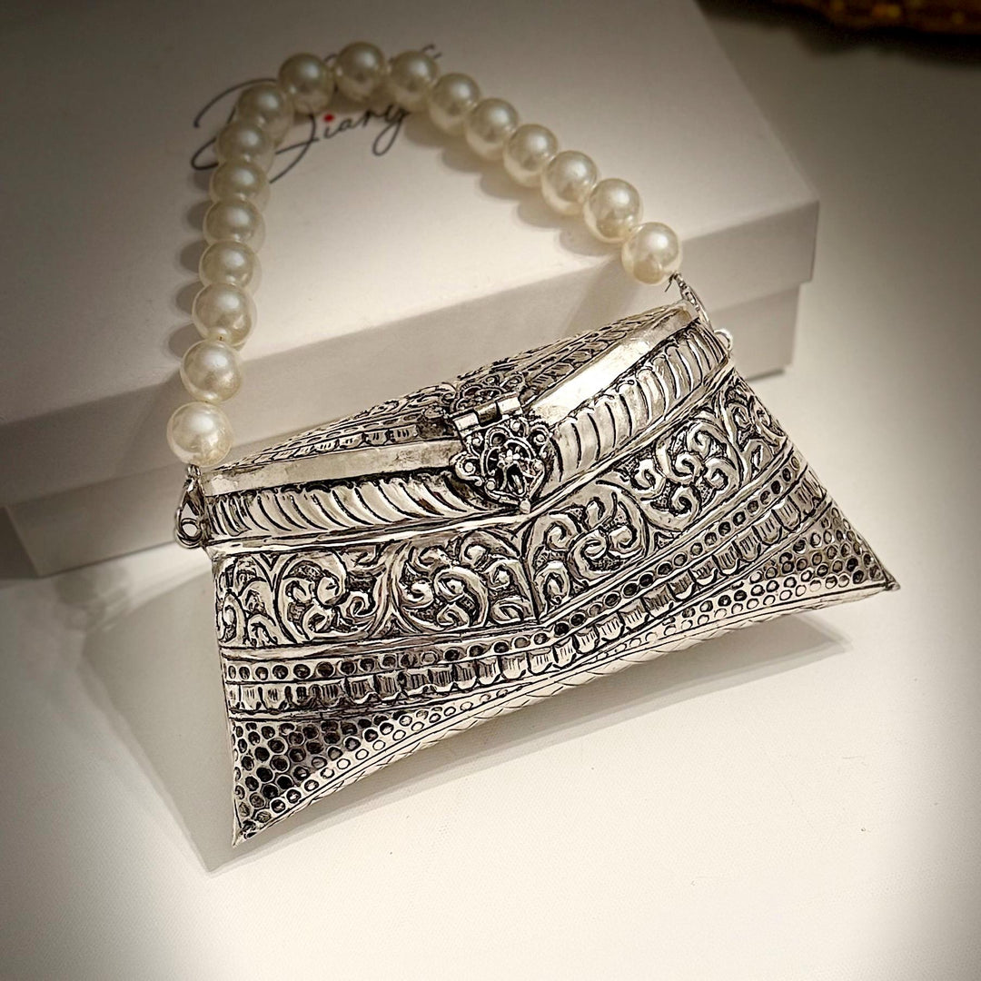 Silver Plated Brass Clutch: Vintage Style Pearl Handle Shoulder Bag