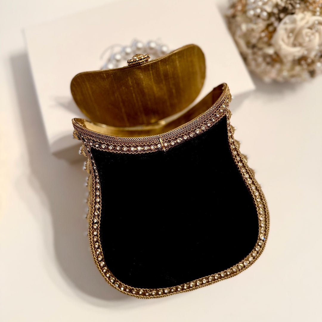 Handmade Black Velvet Clutch: Antique Gold Metal Top Handle Evening Bag