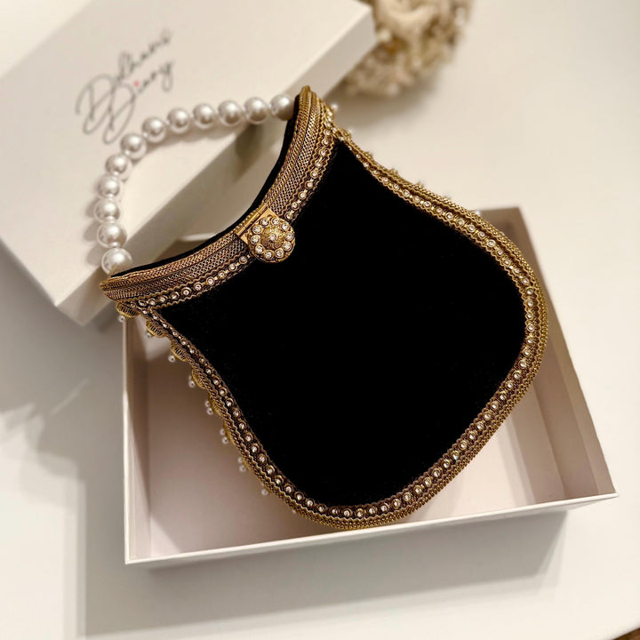 Handmade Black Velvet Clutch: Antique Gold Metal Top Handle Evening Bag