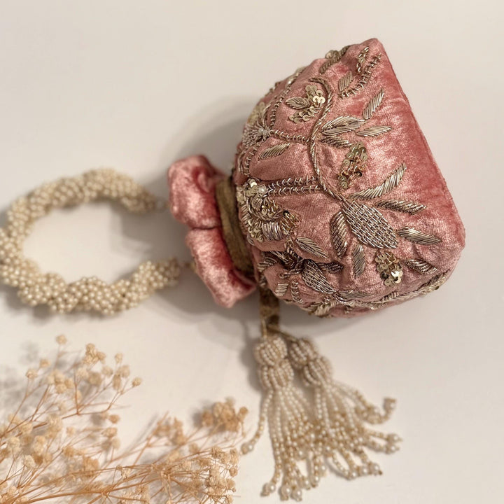 Dusty Pink Velvet Bridal Potli Bag: Beaded Indian Wedding Wristlet