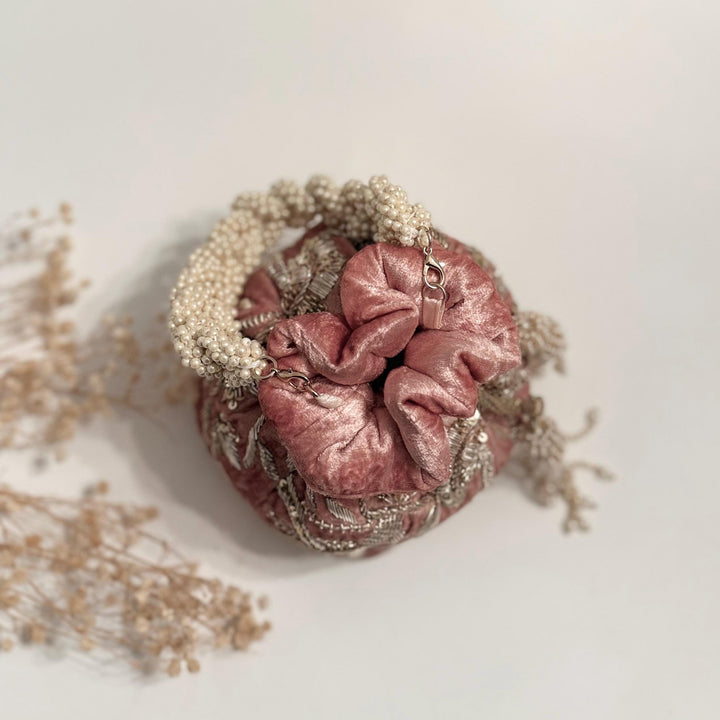 Dusty Pink Velvet Bridal Potli Bag: Beaded Indian Wedding Wristlet