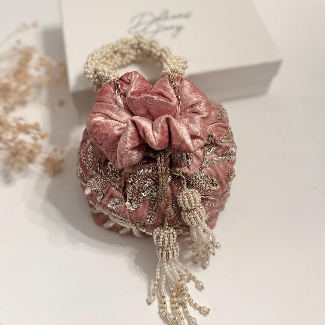 Dusty Pink Velvet Bridal Potli Bag: Beaded Indian Wedding Wristlet