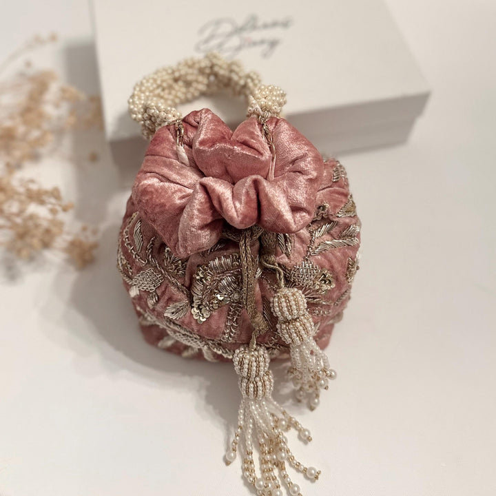 Dusty Pink Velvet Bridal Potli Bag: Beaded Indian Wedding Wristlet