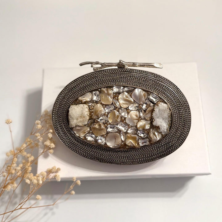 Silver Statement Clutch: Crystal & Mother of Pearl Evening Bag