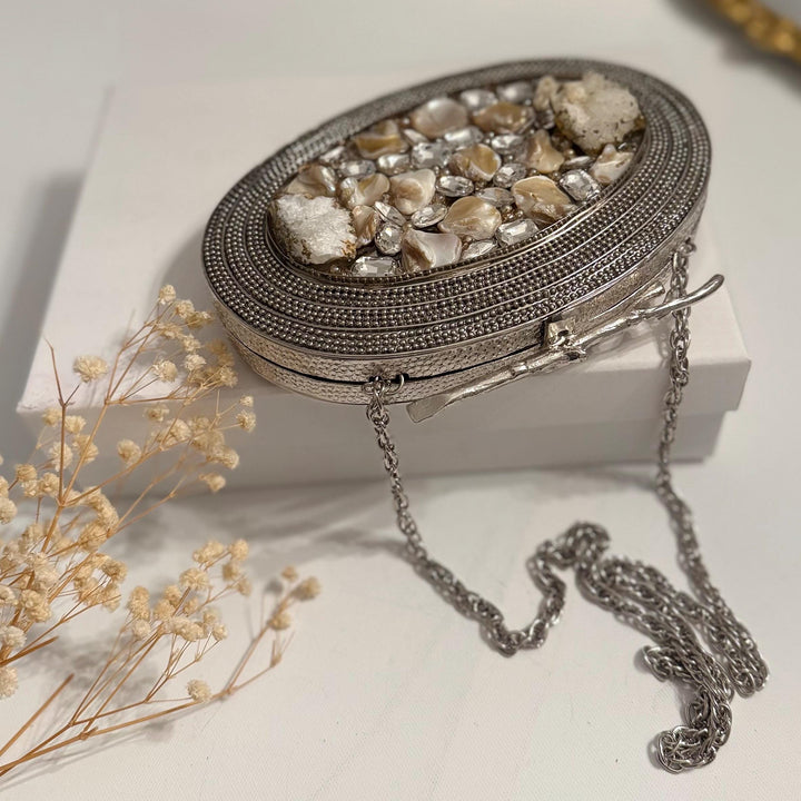 Silver Statement Clutch: Crystal & Mother of Pearl Evening Bag