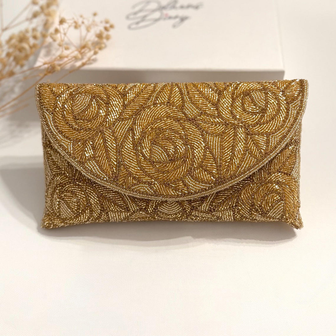 Handmade Gold Beaded Bridal Clutch: Floral Evening Bag