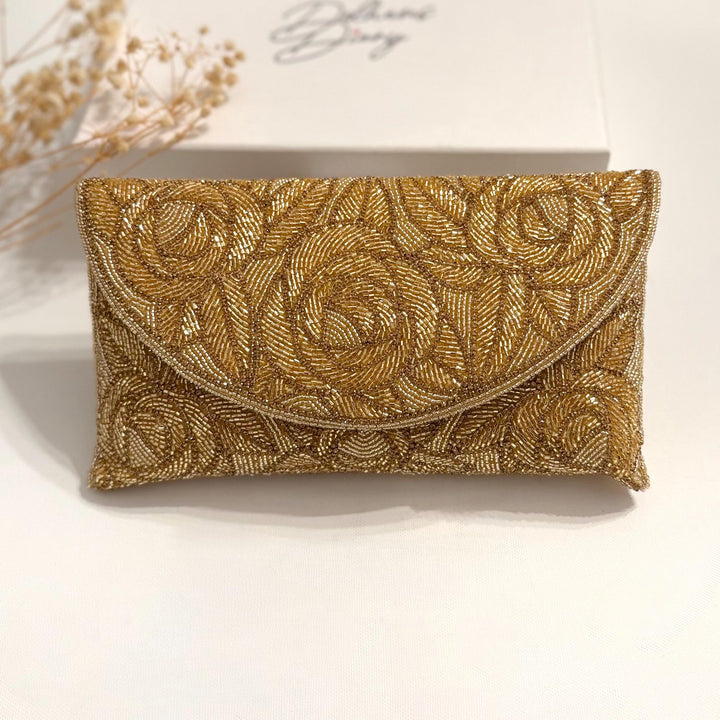 Handmade Gold Beaded Bridal Clutch: Floral Evening Bag