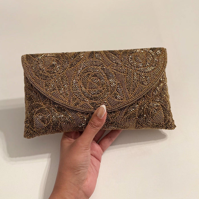 Handmade Antique Bronze Beaded Clutch: Floral Bridal Evening Bag