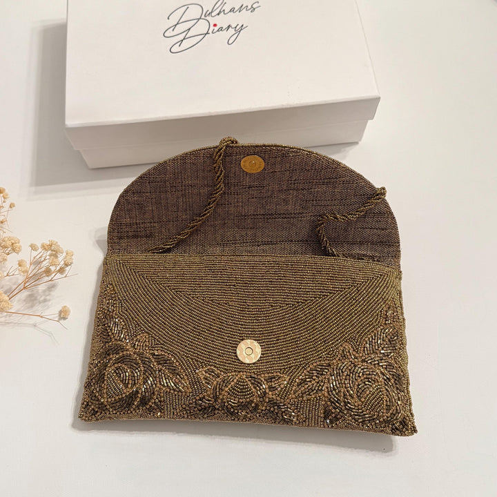Handmade Antique Bronze Beaded Clutch: Floral Bridal Evening Bag