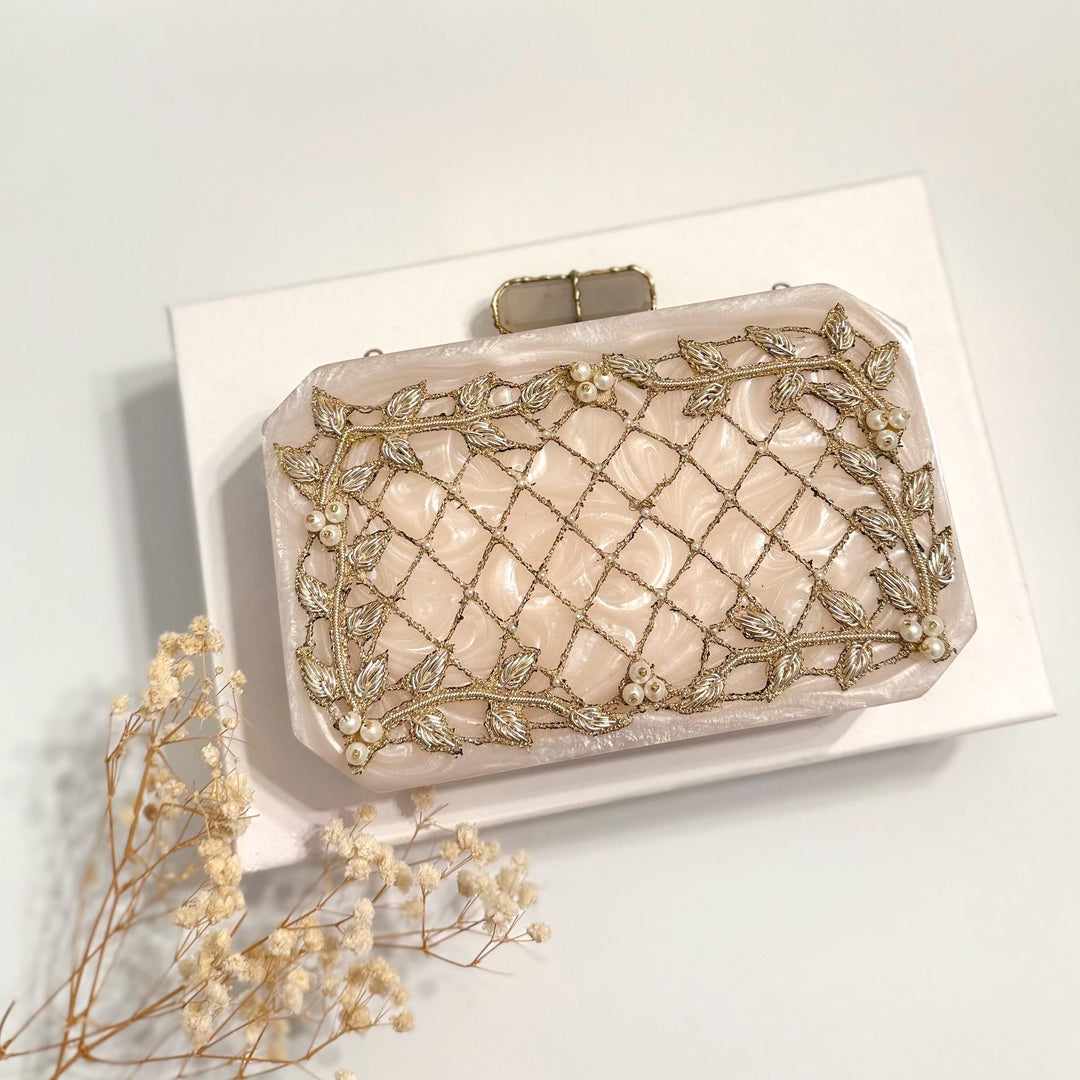Hand-Embroidered Bridal Clutch: Ivory & Gold Wedding Evening Bag