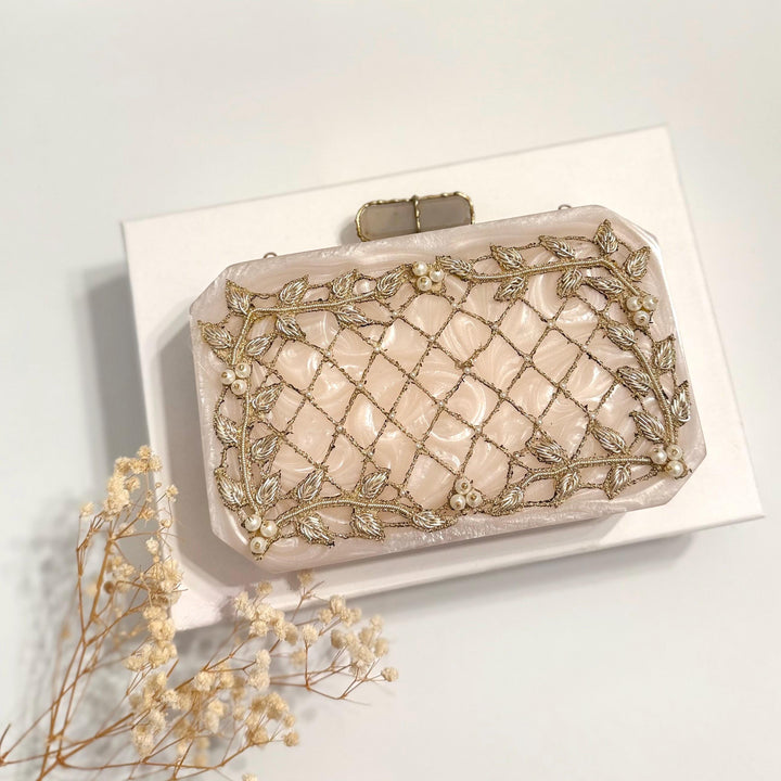 Hand-Embroidered Bridal Clutch: Ivory & Gold Wedding Evening Bag