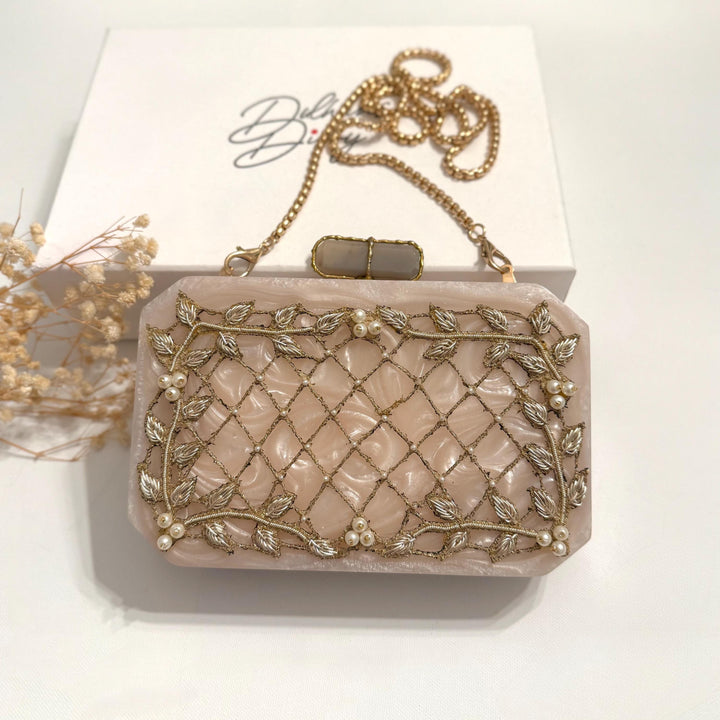 Hand-Embroidered Bridal Clutch: Ivory & Gold Wedding Evening Bag