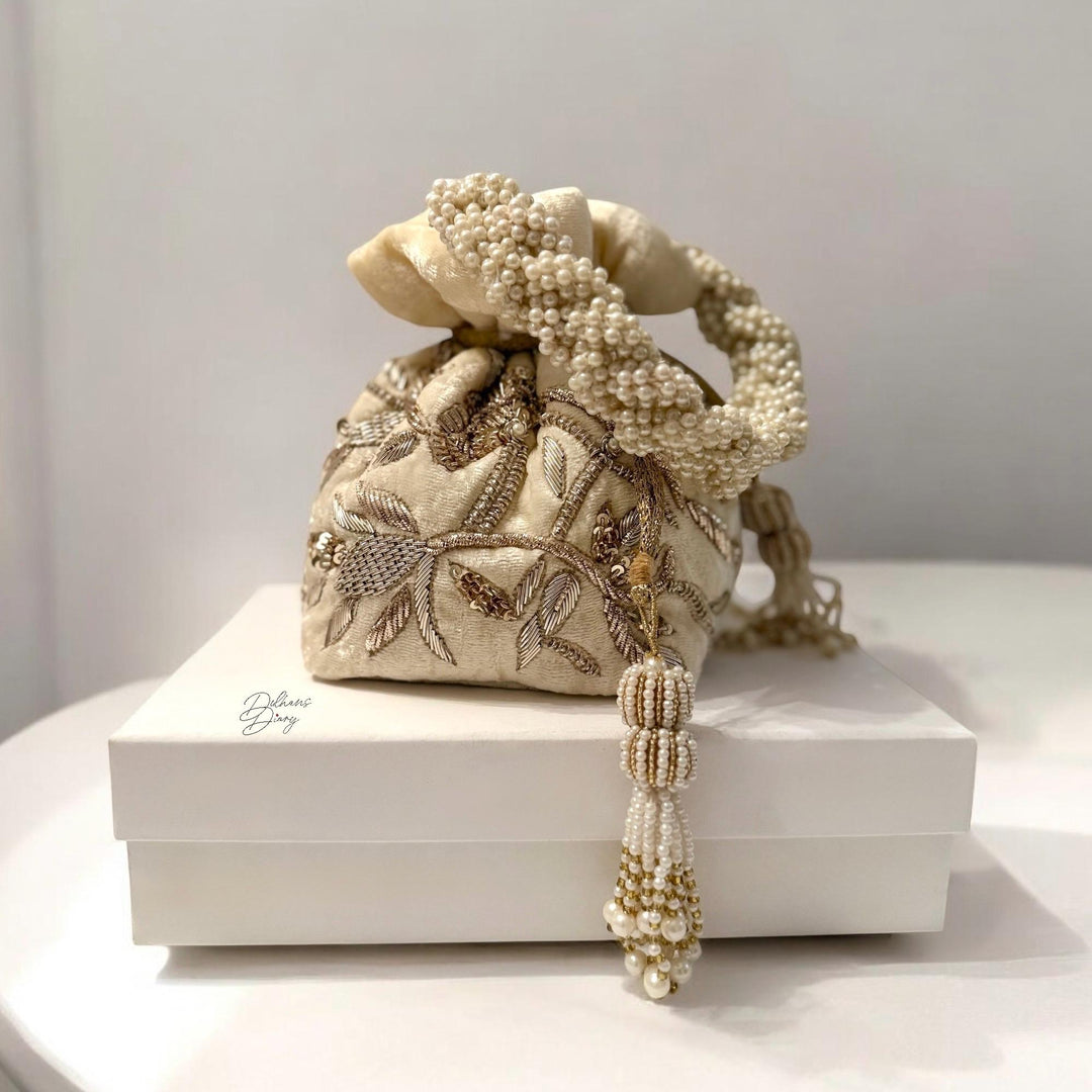 Ivory Velvet Bridal Potli Bag: Handmade Zardozi Beaded Purse