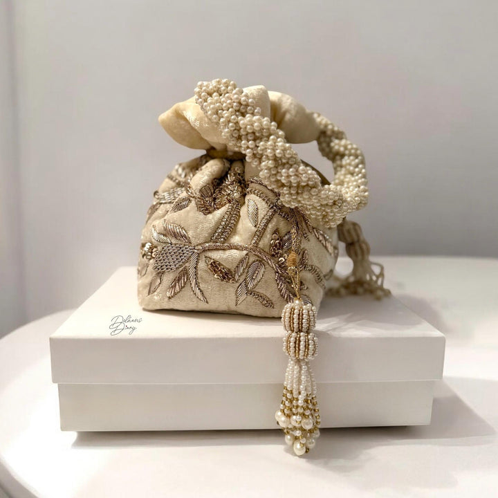 Ivory Velvet Bridal Potli Bag: Handmade Zardozi Beaded Purse