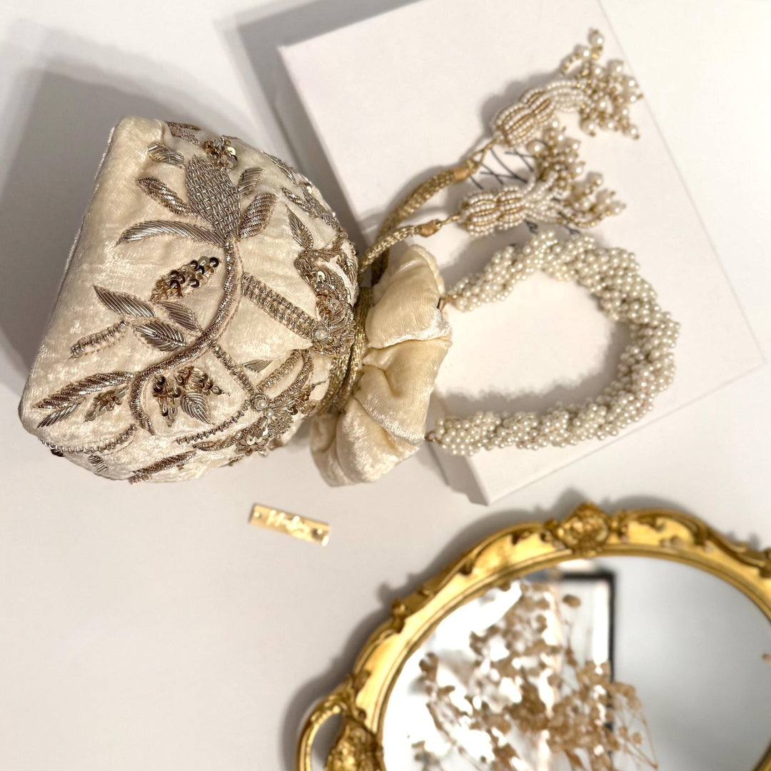 Ivory Velvet Bridal Potli Bag: Handmade Zardozi Beaded Purse