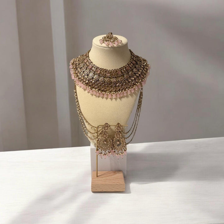 Pink Polki Indian Bridal Jewelry Set: Necklace, Earrings, Sahara & Maang Tikka