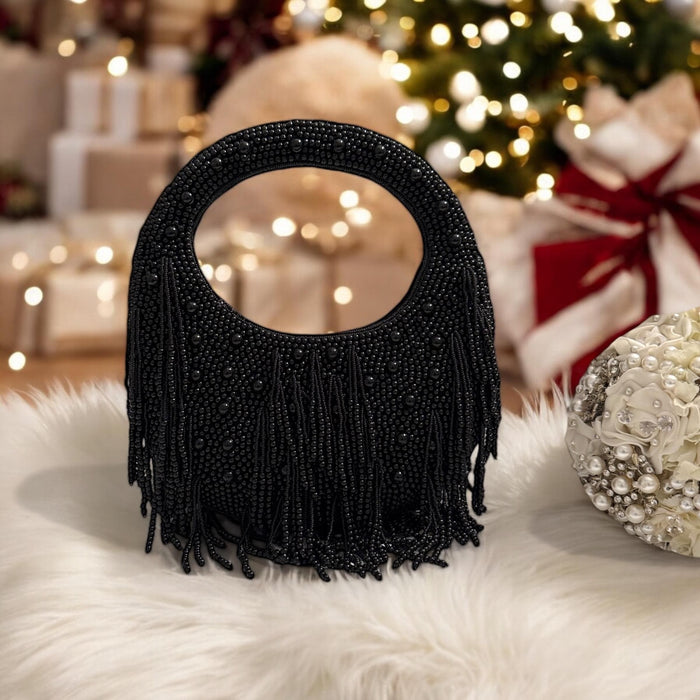 Black Beaded Top Handle Bag