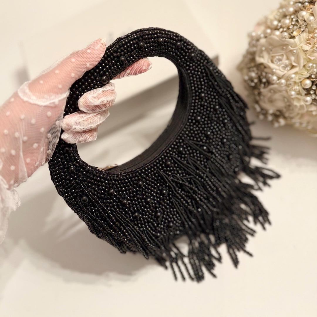 Beaded Top Handle Bag | Handmade Black Potli Evening Bag