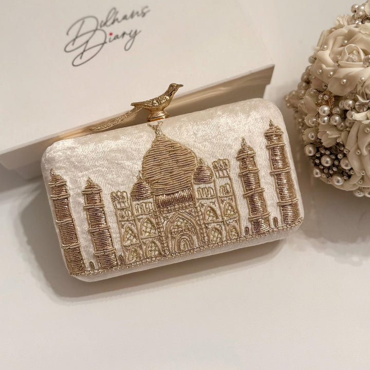 Taj Mahal Inspired Bridal Clutch: Zardozi Embroidery, Velvet & Gold